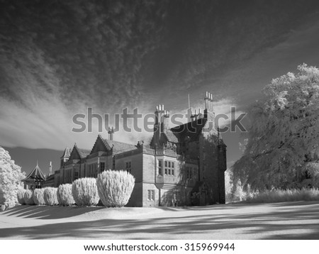 An infrared image of Lauriston Castle, Edinburgh, Scotland.  The building is owned by the City of Edinburgh Council and is a museum.