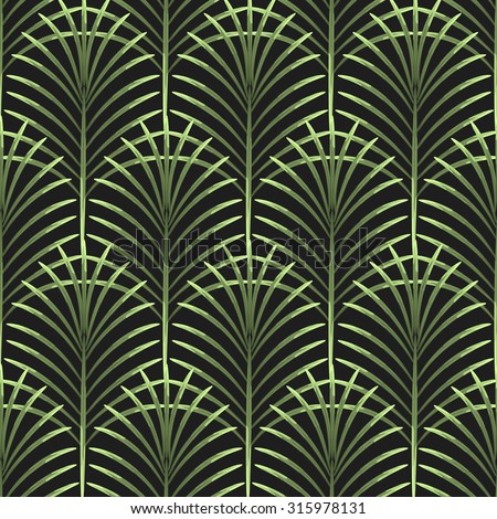 Palm leaves vector seamless pattern. Tropical leaf background, jungle tree branch. Botanical fan ornament on black.