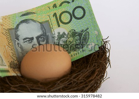Australian hundred dollar notes in a bird's nest with an egg.