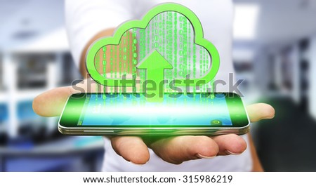 Businessman with modern mobile phone uploading image in his cloud