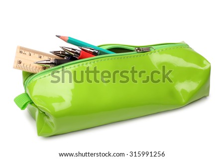 Pencil case with school supplies on white background Royalty-Free Stock Photo #315991256
