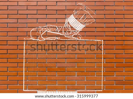 Chef cooking food painting,  on a wall brick red.