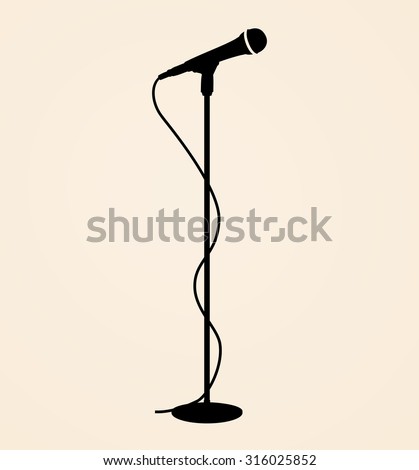 Sound recording equipment - black silhouette stage microphone, cable and stand - isolated standing on beige background, realistic style design, vector art image illustration, eps10