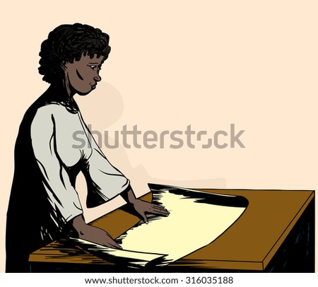 Illustration of a pretty woman working with map on table