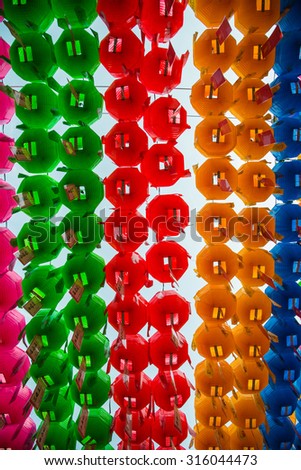 Colorful paper lantern with happy word in Korean language for Lotus lantern festival in South Korea