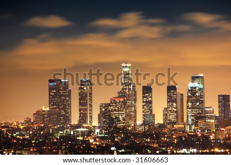 Downtown Los Angeles skyline at night, California, USA