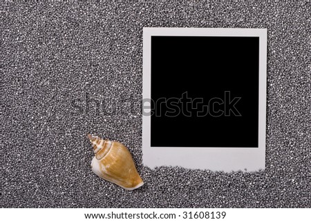 Photo frame with sea shells on silver sand background