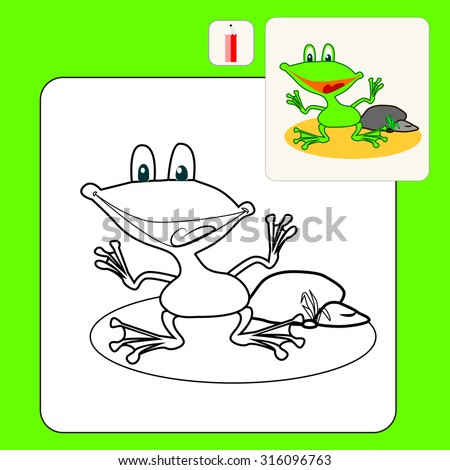 Coloring Book or Page Cartoon Illustration of little frog and stone for Children