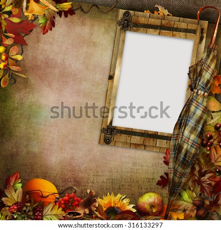 Vintage autumn background with frame, leaves and umbrella