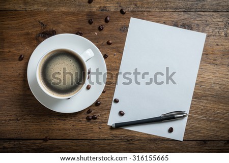 Set of coffee and white blank on vintage wood background