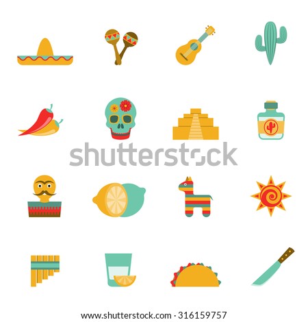 Mexican culture symbols flat icons set with tequila cocktail and hot chili peppers abstract isolated vector illustration