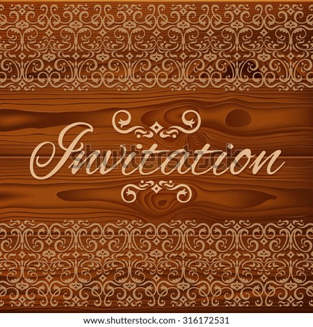 Wedding invitation card with floral ornament on brown wood boards texture. RGB EPS 10 vector illustration