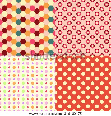 Set of four vector seamless polka dot patterns for your design. Colorful dotted textures with dots  of different colors and sizes for scrap book, typography, fabric or paper design and so on
