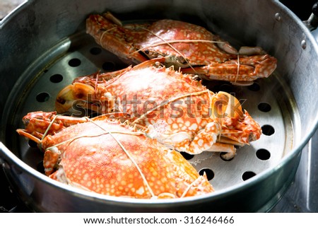 Hot Steamed red Crabs in pot 