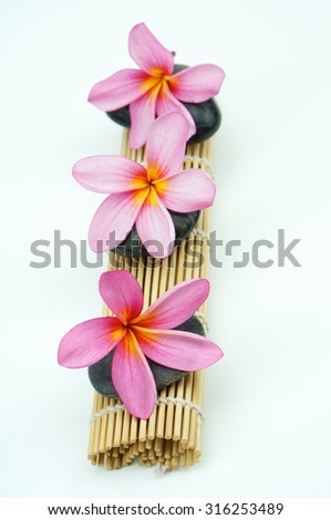 Pink Frangipani on pebble and bamboo mat isolated on white background