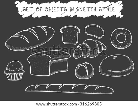 Set of 10 bread baking doodle drawn in chalk. Baguette handmade. Painted pastries.