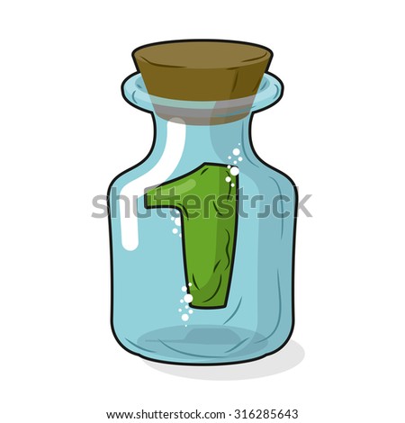 Number 1 in bottle for experiments. Drawing in a container. Laboratory research vessel. Vector illustration figure for chemical tests.