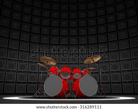 Red drum set against the backdrop of a wall of guitar amps