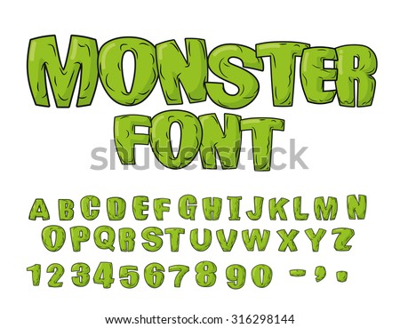 Monster font. Green scary letters. Vector alphabet. Live Abc 
