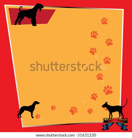 Abstract colorful frame with various dog silhouettes and paw prints