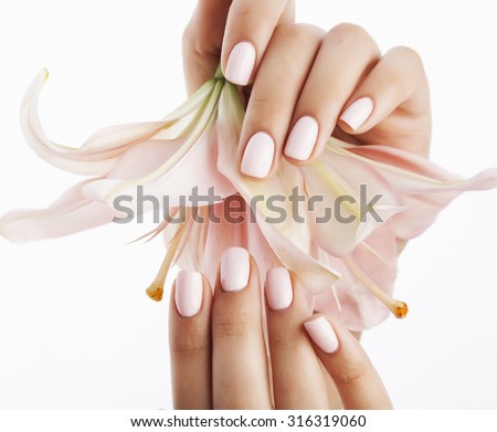 beauty delicate hands with manicure holding flower lily close up isolated on white Royalty-Free Stock Photo #316319060