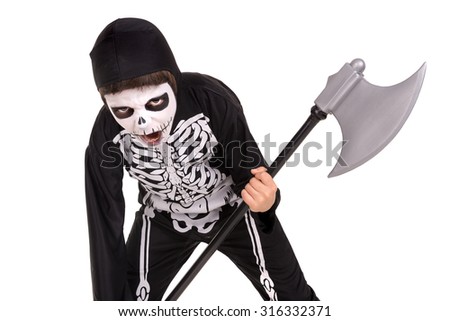 Boy with face-paint and skeleton Halloween costume isolated in white