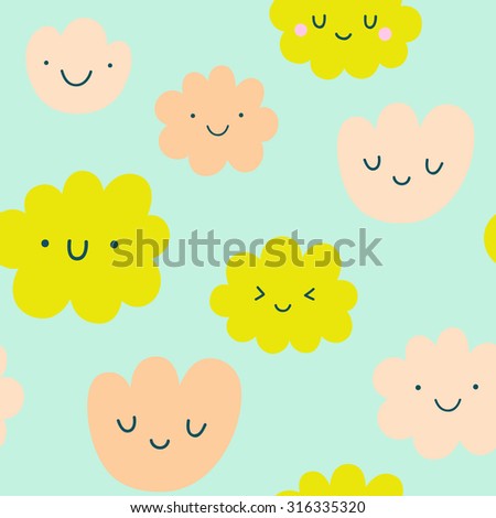 Cute vector pattern with CLOUDS. Funny happy smiley clouds texture. Happy doodles for your design. Bright and beautiful cartoon background.