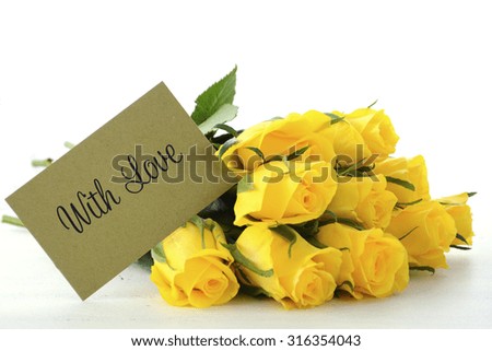 Yellow roses gift with love greeting card for Grandparents Day on white vintage wood table. 