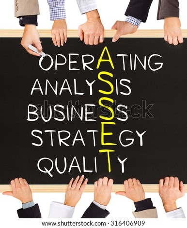 Photo of business hands holding blackboard and writing ASSET concept
