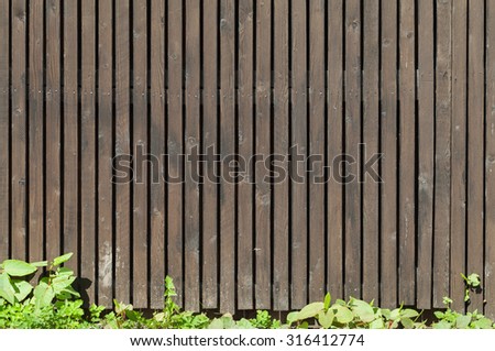 Old brown wooden fence with green grass, background photo texture