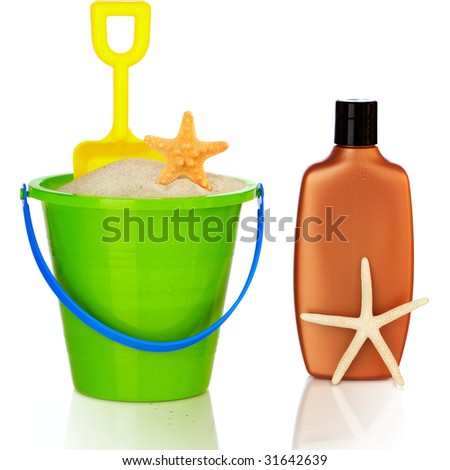 Beach Accessories ~ Colorful Green & Blue Pail Filled With White Sand And Yellow Shovel , Starfish Shells And Sunscreen