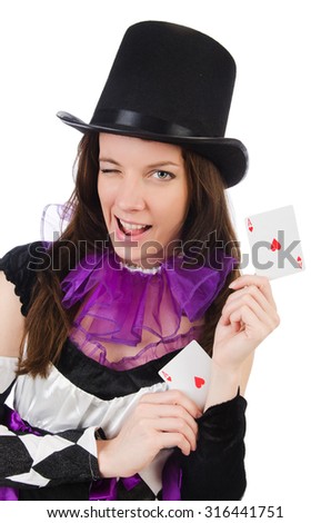 Pretty girl in jester costume with cards isolated on white
