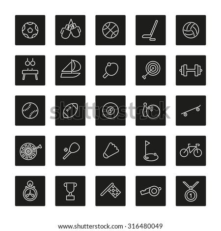 Sports and gymnastics Line Icons Collection. Set of 25 symbols, negative in black squares with rounded corners