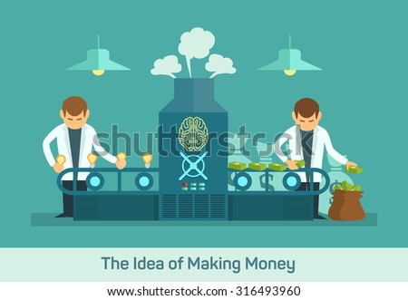 Business conveyor design concept with idea money factory creative machine flat icons isolated vector illustration
