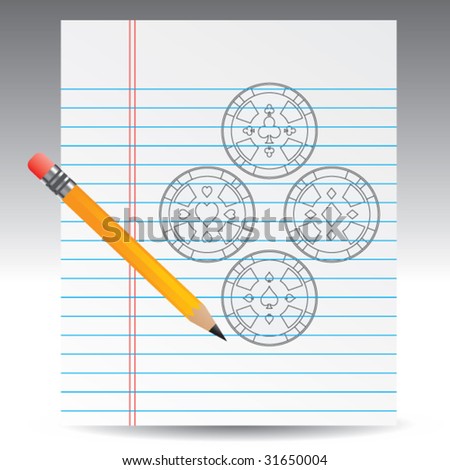 gambling chips on notebook paper on pencil