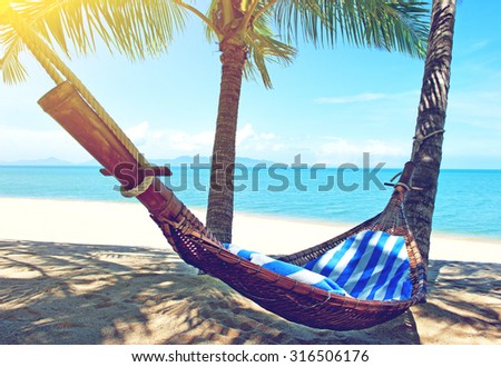Empty hammock between palms trees at sandy beach Royalty-Free Stock Photo #316506176