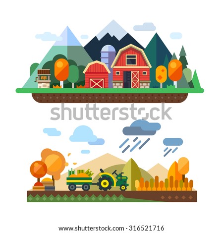 Farm life: natural economy, agriculture, autumn harvesting, life in the countryside, village landscapes with mountains and hills. Tractor in the field harvests. Vector flat illustration Royalty-Free Stock Photo #316521716
