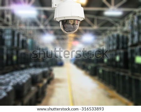 CCTV system security of products in warehouse blur background.