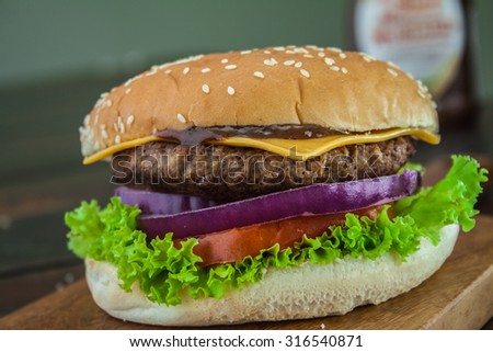 Hamburger on wooden board