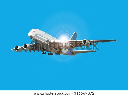 Airliner flying against the sun, vector illustration, sunlight on separate layer