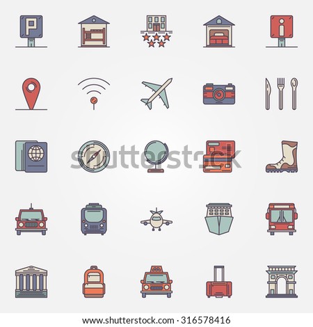 Traveling or travel colorful icons set - vector collection of flat tourism symbols or logo elements