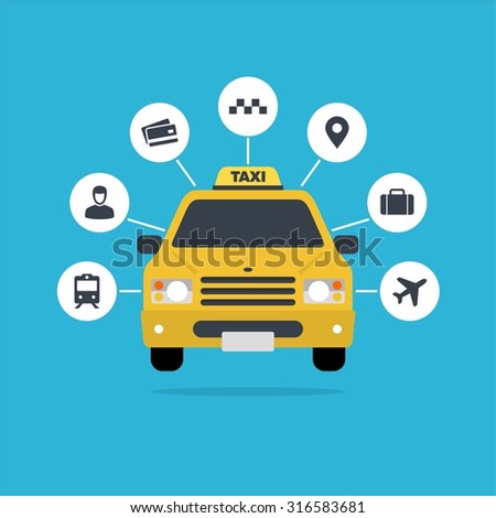 Taxi car vector flat design with icon web set
