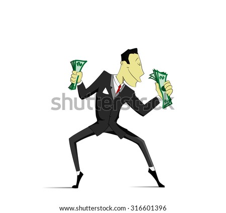 Funny dancing businessman with money. Vector