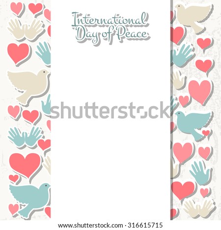 International Day of Peace vector illustration. Flat design style icons with pigeons. Badges with birds, heart, hand. Celebration template for postcard, invitation card, print
