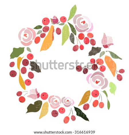 Autumn/winter wedding floral wreath with flowers, herbs, flower bundles, laurels, berries.  Invitation template with autumn/winter flower motives. Save the date card, postcard, logotype elements