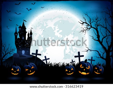 Halloween pumpkins and dark castle on blue Moon background, illustration.