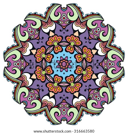 Mandala round ornament, tribal ethnic pattern, arabic Indian motif, isolated decorative element for card design, t-shirt print. Vector fashion illustration, hand drawn background