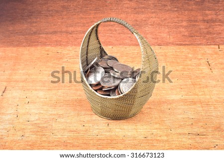 Iron basket full of coin on wooden background