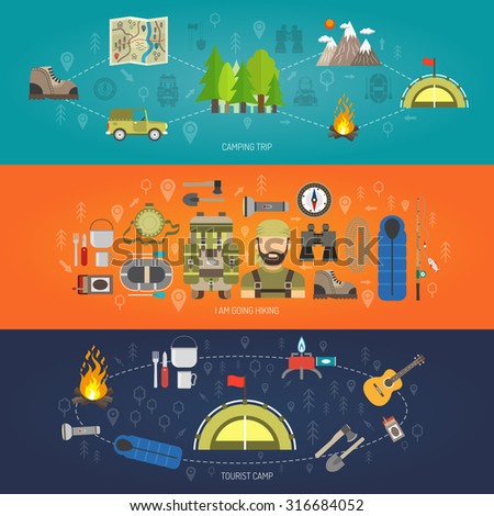 Tourism horizontal banner set with tourist camp elements isolated vector illustration