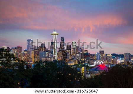 Seattle skyline panorama at sunset as seen from Kerry Park, Seattle USA